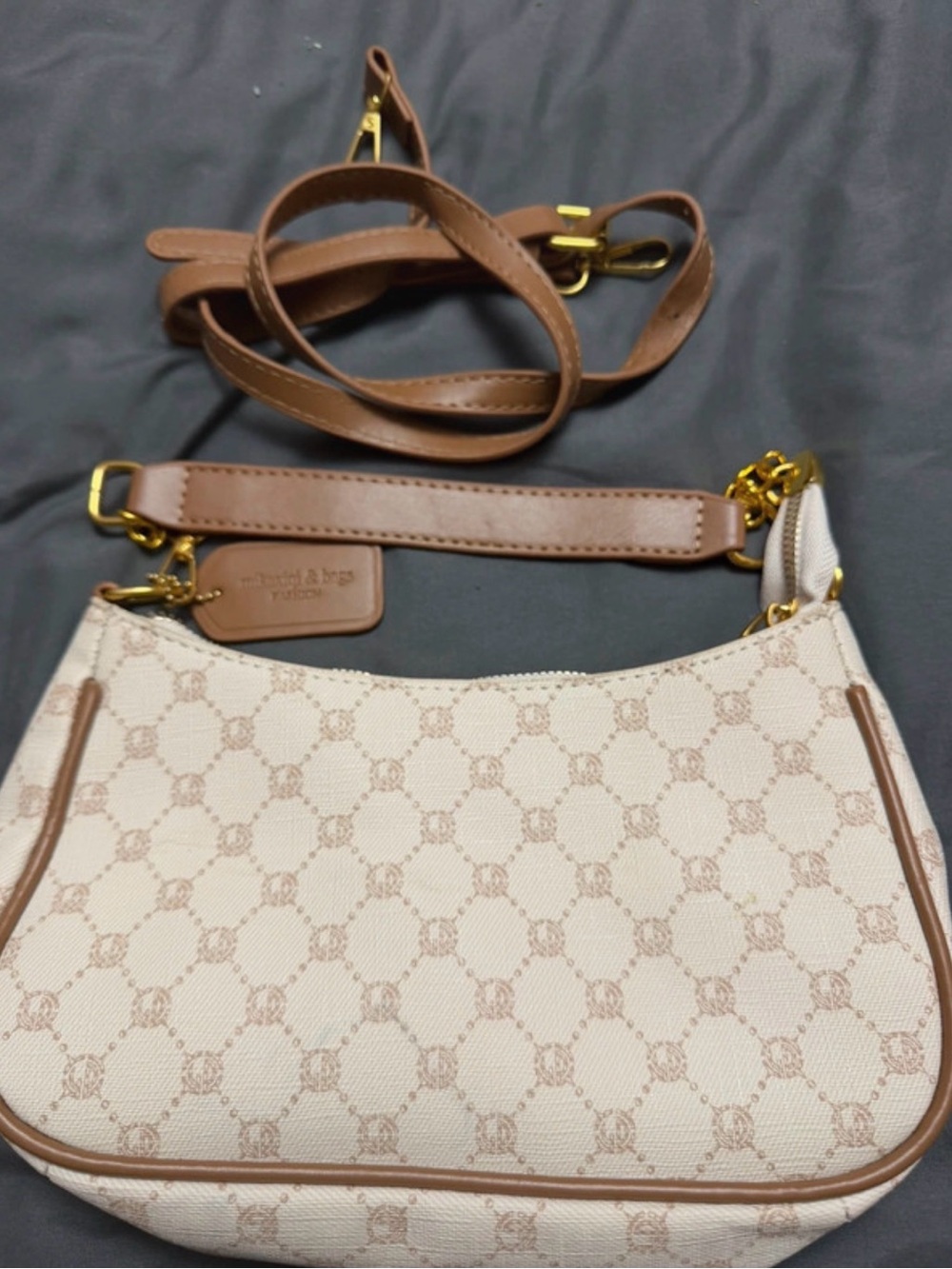 Beige & Brown Monogram Crossbody Bag with Adjustable Strap